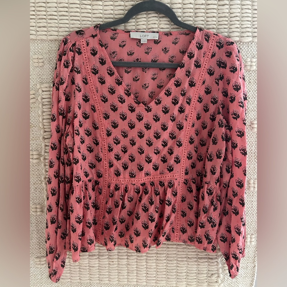 LOFT Salmon Pink Floral V-Neck Peplum Blouse